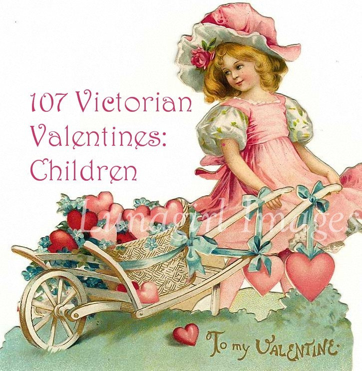 Victorian girl with cart of hearts from 107 Valentines images pack for holiday crafts and decorations.