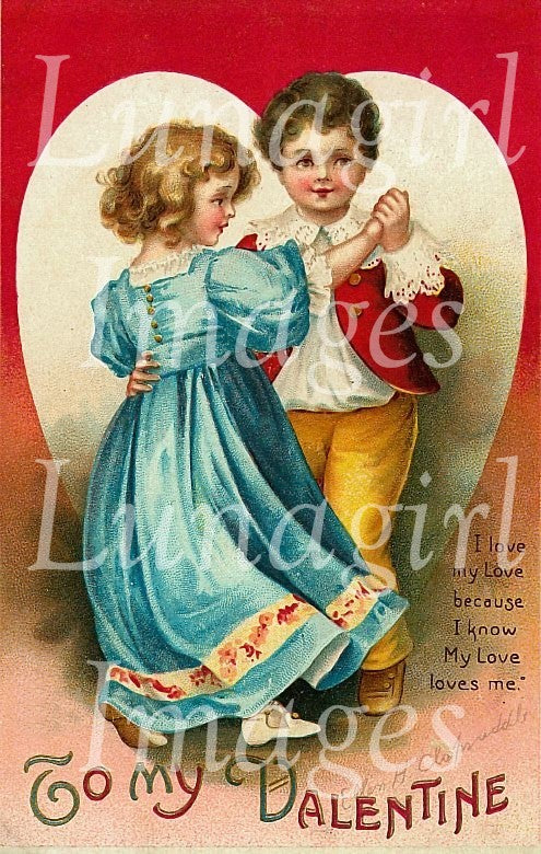 Victorian children holding hands on a vintage Valentine's postcard with hearts.