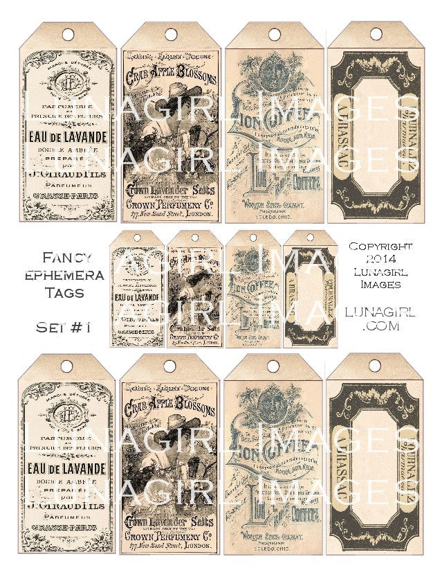 Fancy Ephemera Tags Set #1 Digital Collage Sheet - Lunagirl