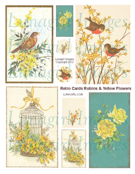 Retro Cards Robins & Yellow Flowers Digital Collage Sheet - Lunagirl