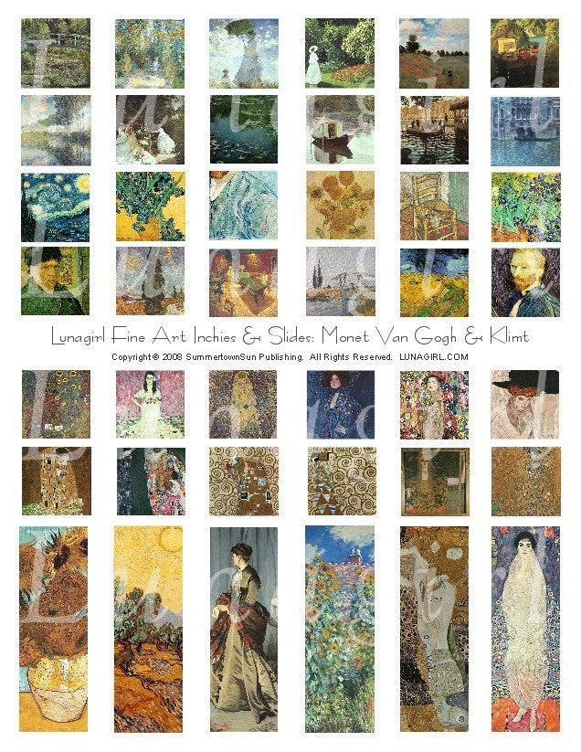 Fine Art Inchies & Slides Digital Collage Sheet: Monet Van Gogh & Klimt - Lunagirl