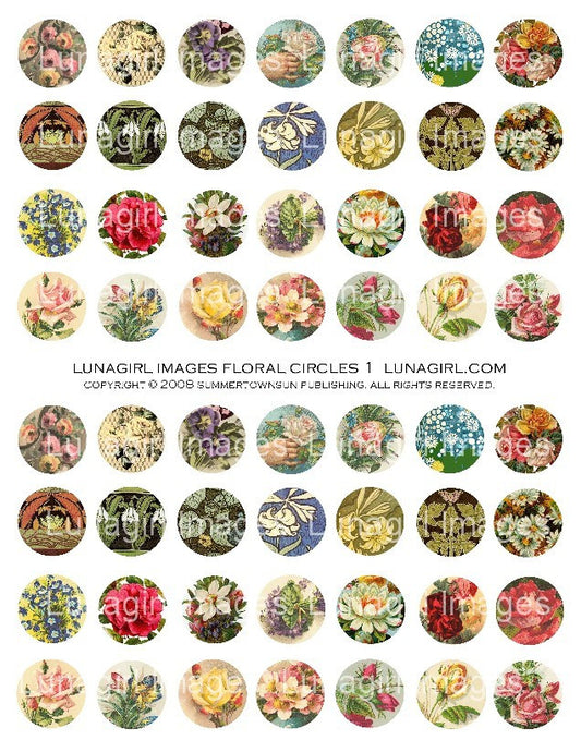 Floral Circles (1") Digital Collage Sheet - Lunagirl