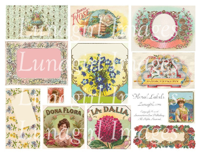 Floral Labels Digital Collage Sheet - Lunagirl