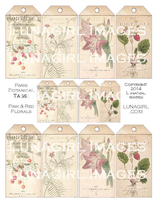 Paris Botanical Tags: Pink & Red Florals Digital Collage Sheet - Lunagirl