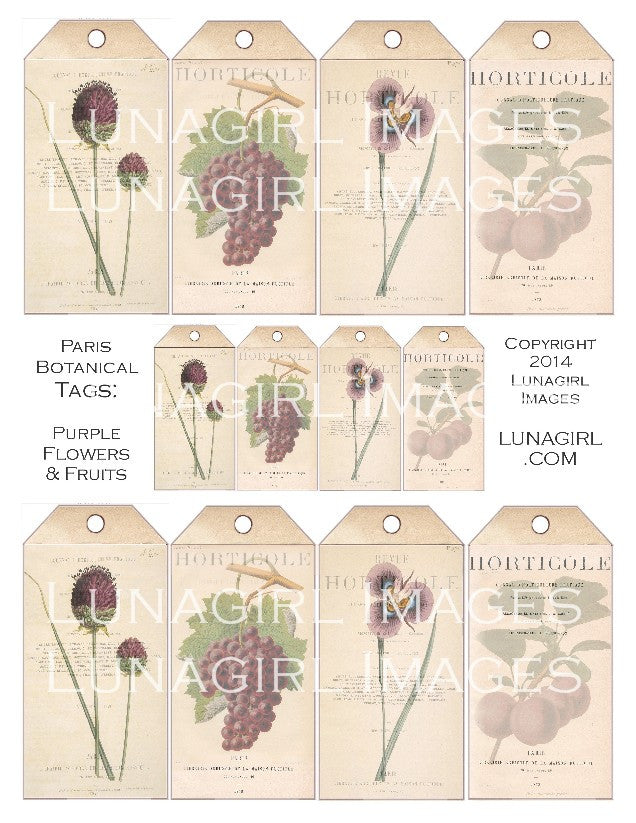 Paris Botanical Tags: Purple Flowers & Fruit Digital Collage Sheet - Lunagirl