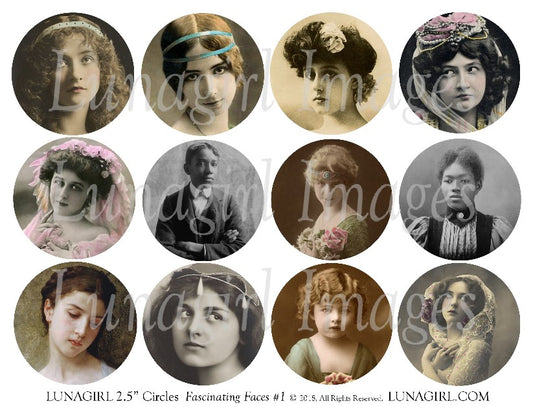 Vintage Photos FACES 2.5" Circles Digital Collage Sheet - Lunagirl