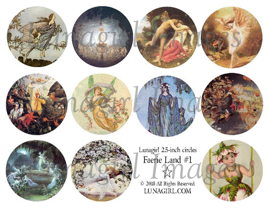 Faerie Land #1 vintage fairies 2.5" Circles Digital Collage Sheet - Lunagirl