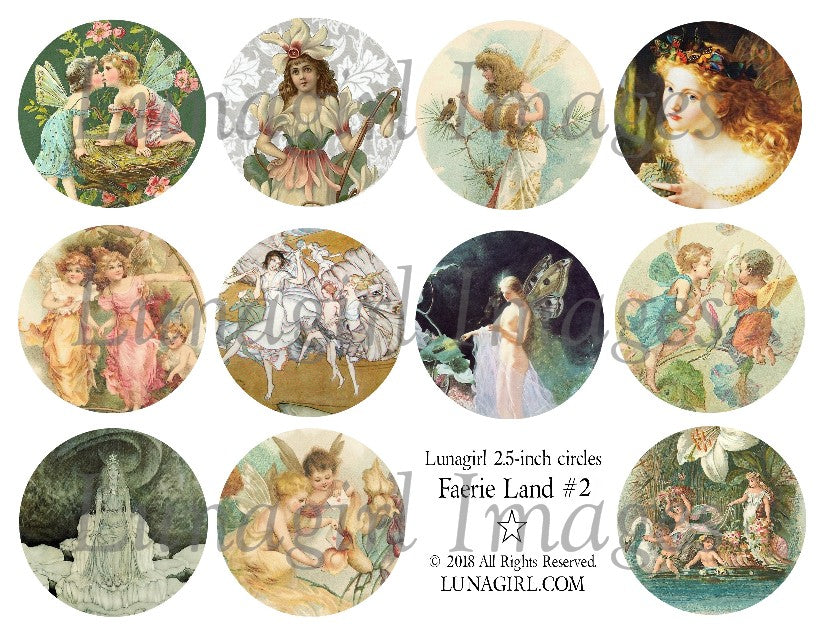 Faerie Land #2 vintage fairies 2.5" Circles Digital Collage Sheet - Lunagirl