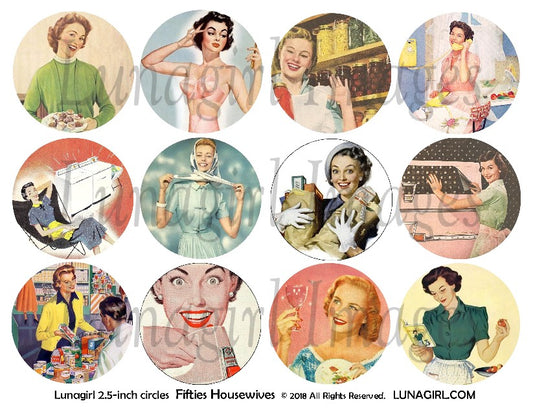 1950s Housewives 2.5" Circles Digital Collage Sheet - Lunagirl