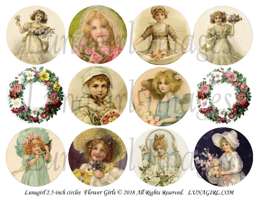 Flower Girls 2.5" Circles Digital Collage Sheet - Lunagirl