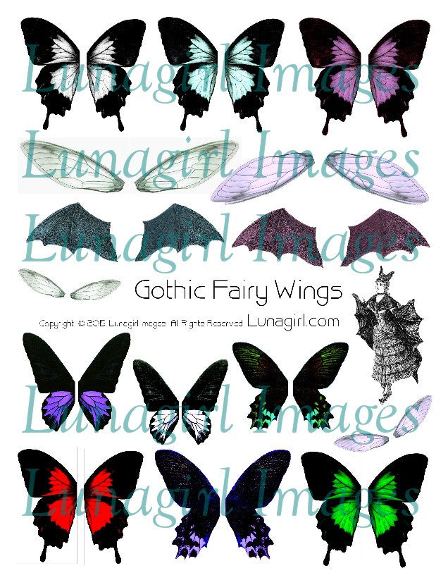 Gothic Fairy Wings Digital Collage Sheet - Lunagirl