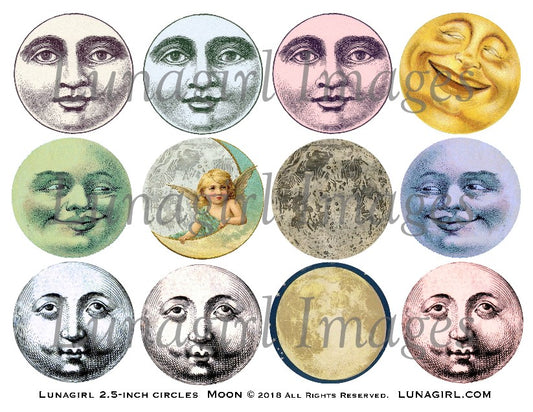 Vintage Moon 2.5" Circles Digital Collage Sheet - Lunagirl