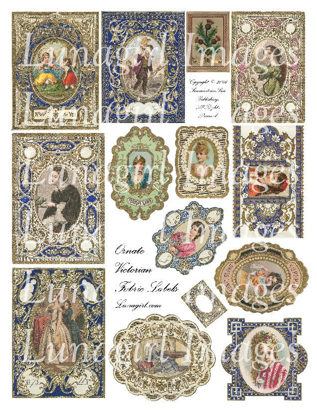 Ornate Victorian Fabric Labels Digital Collage Sheet - Lunagirl