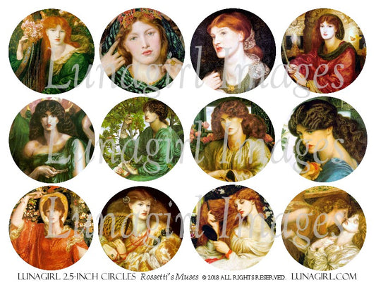 Rossetti's Muses PreRaphaelite Women 2.5" Circles Digital Collage Sheet - Lunagirl