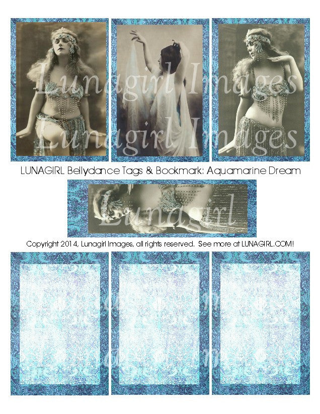 Bellydance Tags & Bookmark: Aquamarine Dream Digital Collage Sheet - Lunagirl