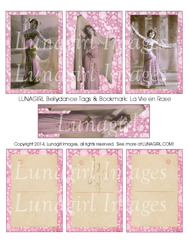 Bellydance Tags & Bookmark: La Vie en Rose Digital Collage Sheet - Lunagirl