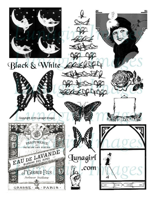 Black & White Digital Collage Sheet - Lunagirl