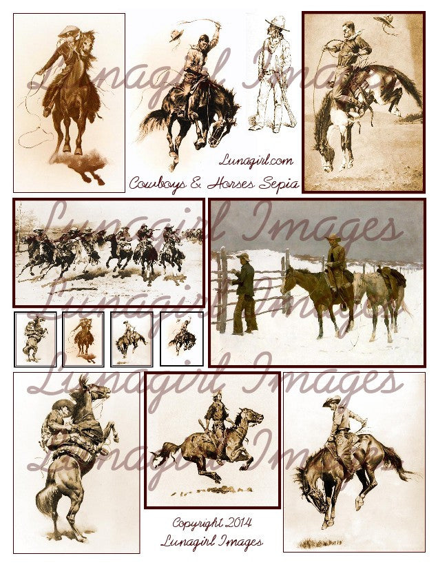 Cowboys & Horses in Sepia Digital Collage Sheet - Lunagirl