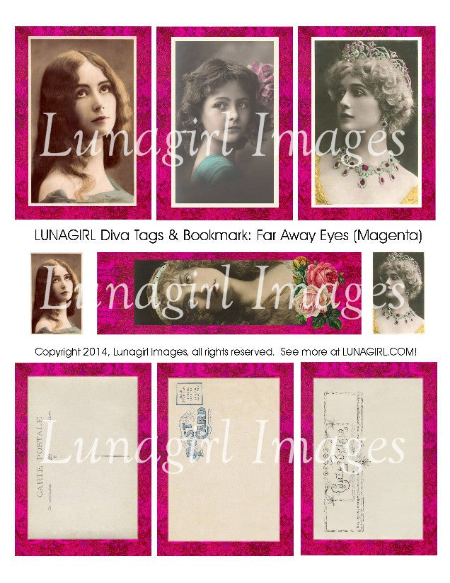 Diva Tags: Far Away Eyes (Magenta) Digital Collage Sheet - Lunagirl