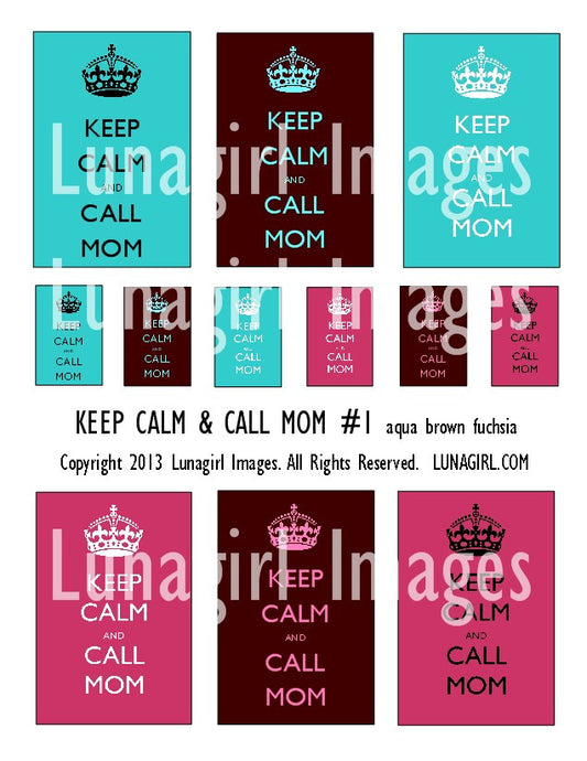 Keep Calm & Call Mom #1 (Aqua Brown Fuchsia) Digital Collage Sheet - Lunagirl