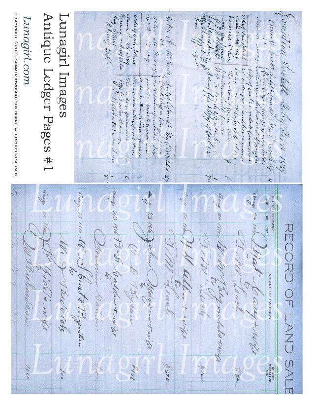 Antique Ledger Pages in Blue Digital Collage Sheet - Lunagirl