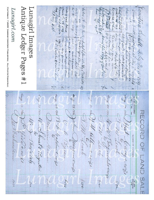 Antique Ledger Pages in Blue Digital Collage Sheet - Lunagirl