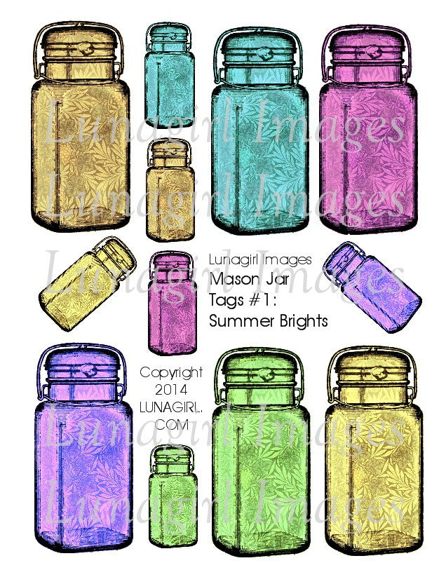 Mason Jars Tags #1 Summer Brights Digital Collage Sheet - Lunagirl