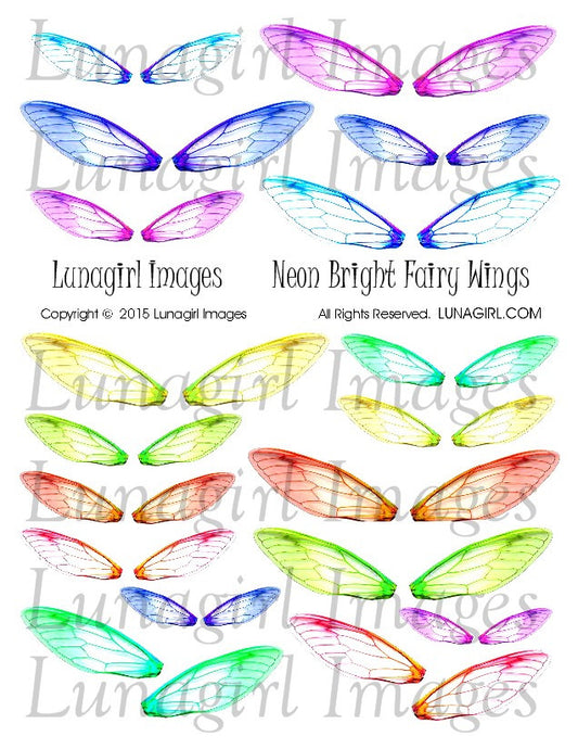 Neon Bright Fairy Wings Digital Collage Sheet - Lunagirl