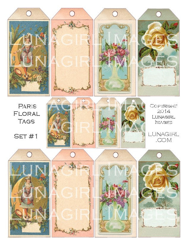 Paris Floral Tags Set #1 Digital Collage Sheet - Lunagirl