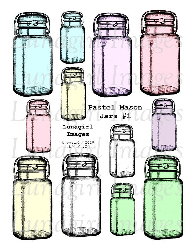 Pastel Mason Jars #1 Digital Collage Sheet - Lunagirl