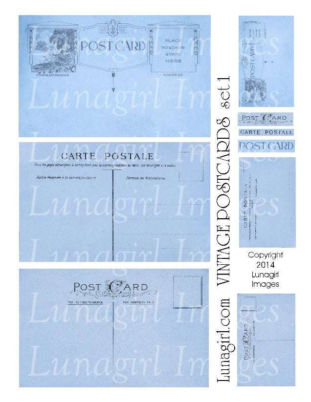 Vintage Postcards Digital Collage Sheet #1 in Indigo Blue - Lunagirl