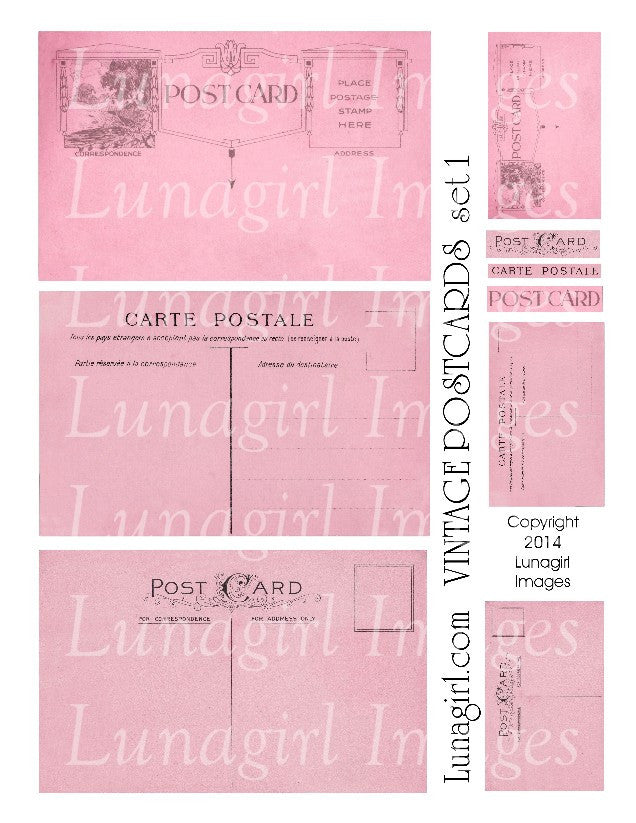 Vintage Postcards Digital Collage Sheet #1 in Deep Pink - Lunagirl