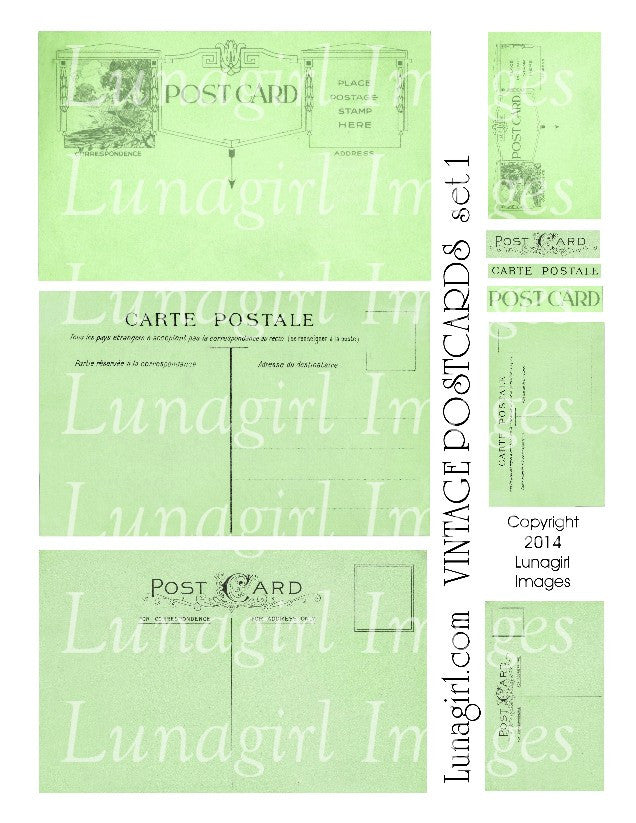Vintage Postcards Digital Collage Sheet #1 in Spring Green - Lunagirl