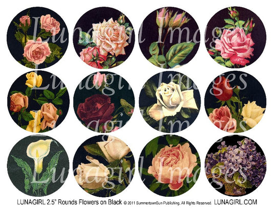 Flowers on Black 2.5" Circles Digital Collage Sheet - Lunagirl