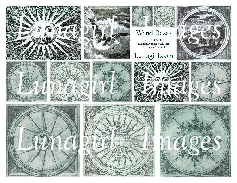 Wind Roses Compasses (Turquoise) Digital Collage Sheet - Lunagirl