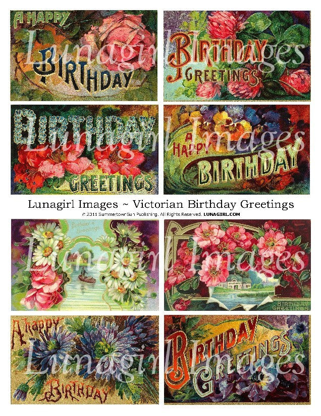 Victorian Birthday Greetings Digital Collage Sheet - Lunagirl