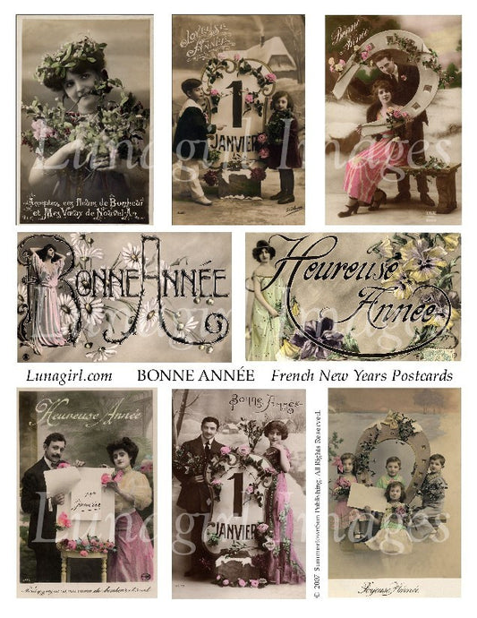 Bonne Annee French New Year Postcards Digital Collage Sheet - Lunagirl