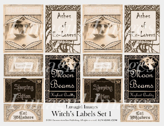 Witch Labels #1 Sepia Digital Collage Sheet - Lunagirl