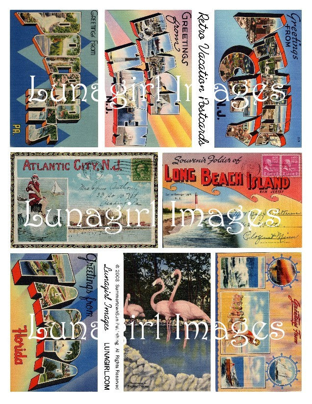 Retro Vacation Postcards Digital Collage Sheet - Lunagirl