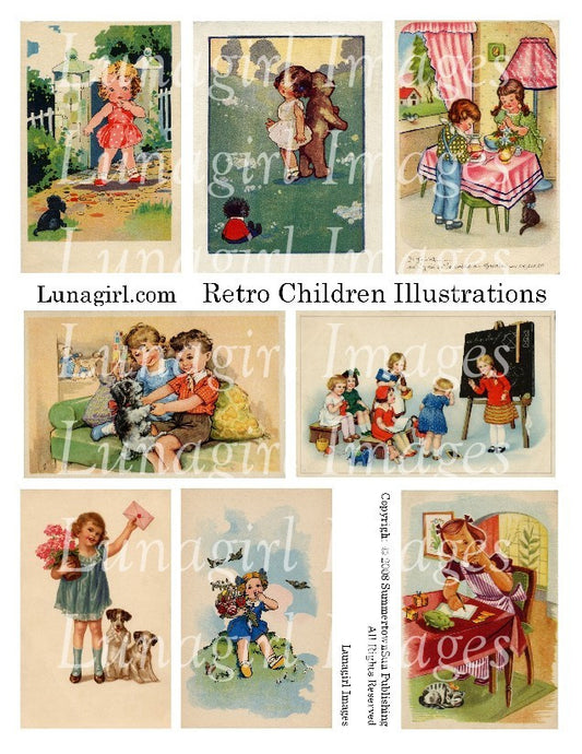 Retro Children Illustrations Digital Collage Sheet - Lunagirl